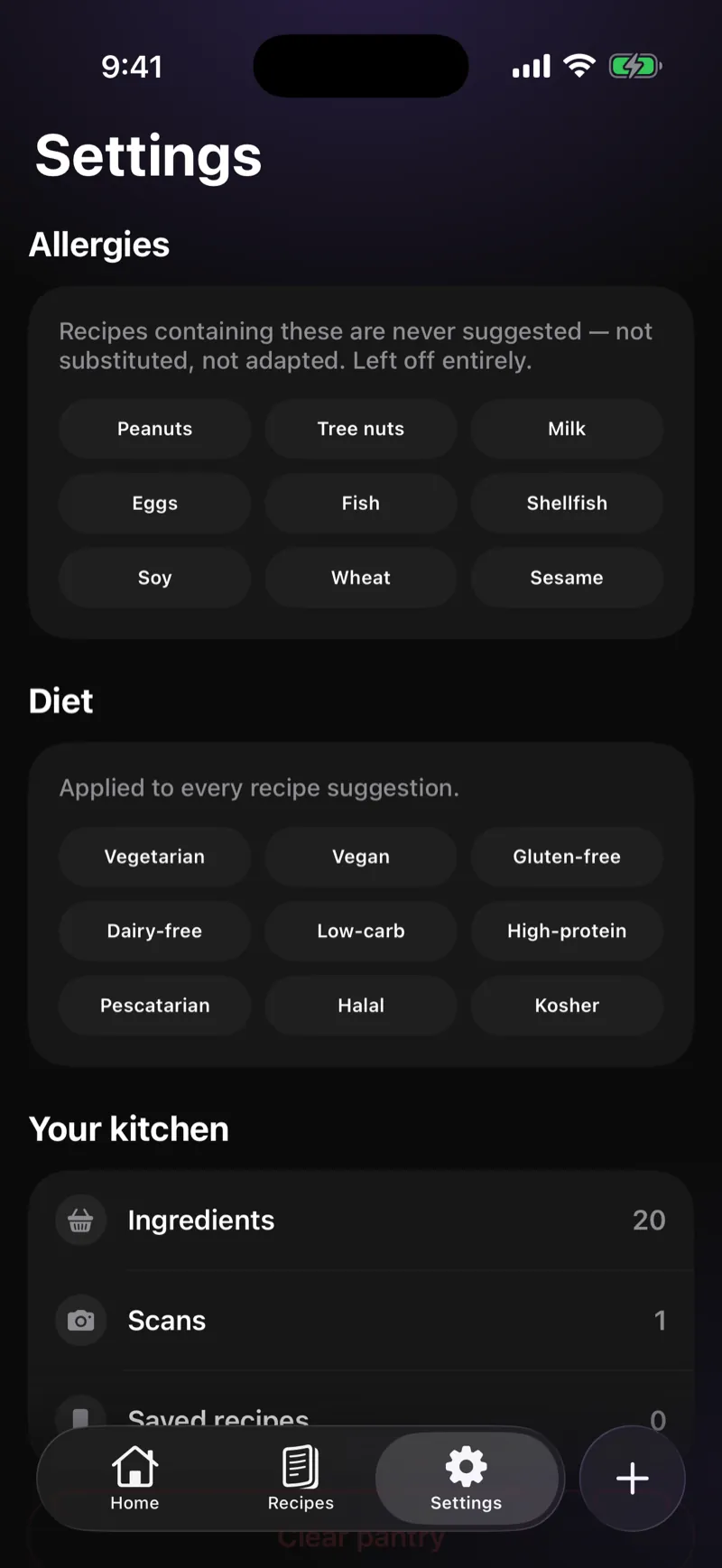 Meal AI: Allergies are left off entirely.