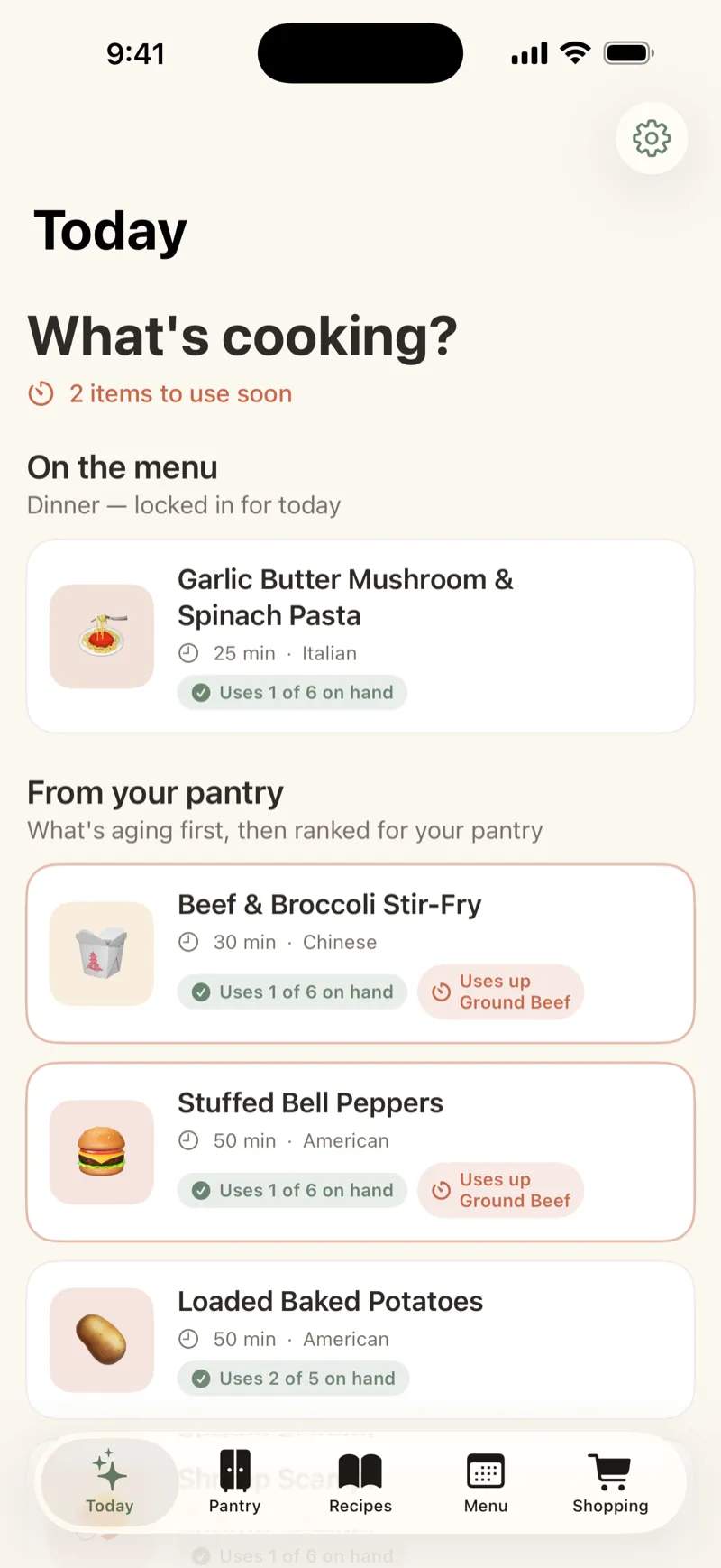 OpenPantry's Today screen, showing what to cook from the pantry.